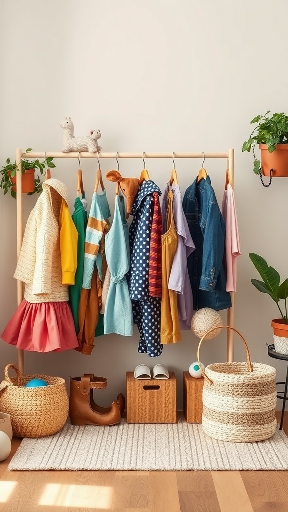 A colorful dress-up station for toddlers with various clothes hung on a rack and storage baskets below.