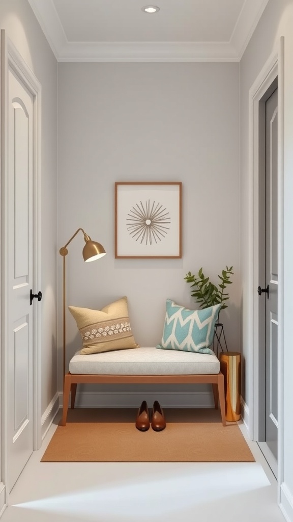 A narrow entryway featuring a simple bench with cushions, a lamp, and a plant.