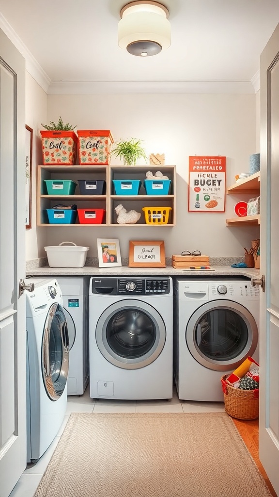 A well-organized small utility room with color-coded storage bins and labeled baskets.