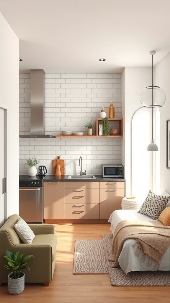 A modern apartment kitchen with an open layout, featuring sleek appliances, open shelving, and a cozy seating area.