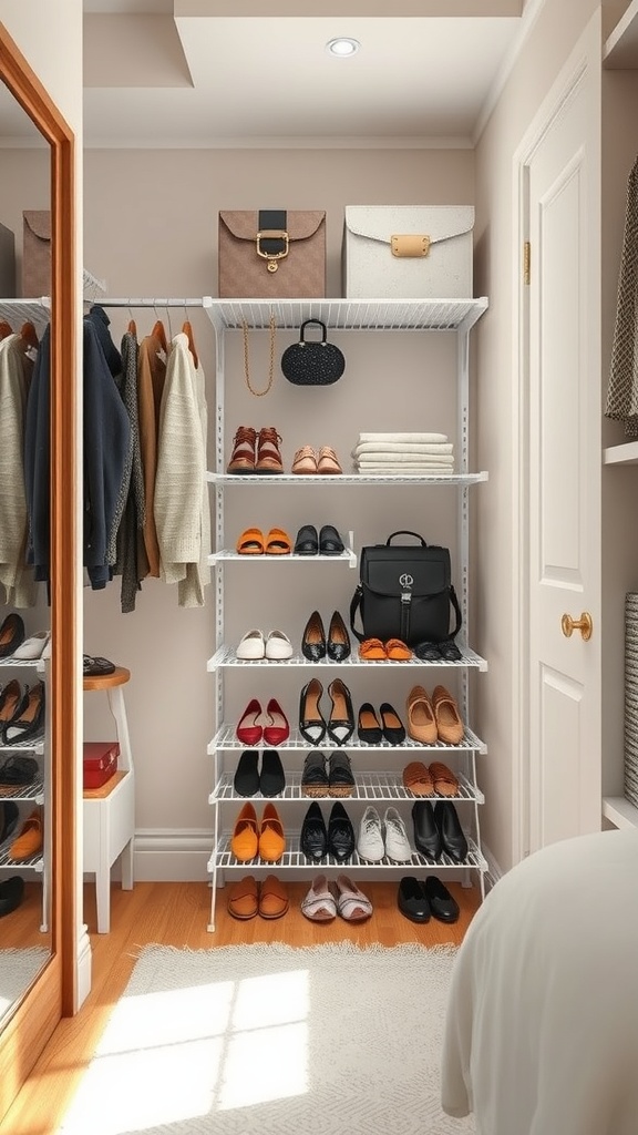 A well-organized closet featuring a shoe rack with various pairs of shoes, bags on top shelves, and clothes hanging on a rod.