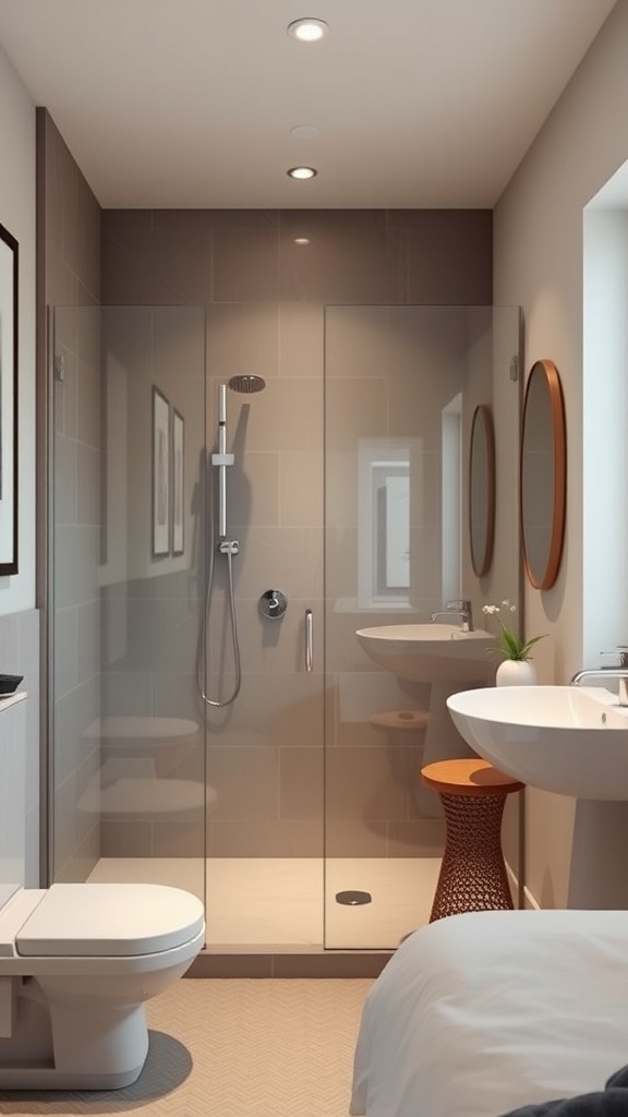 Modern small bathroom featuring a walk-in shower with glass enclosure, neutral tiles, and contemporary fixtures.