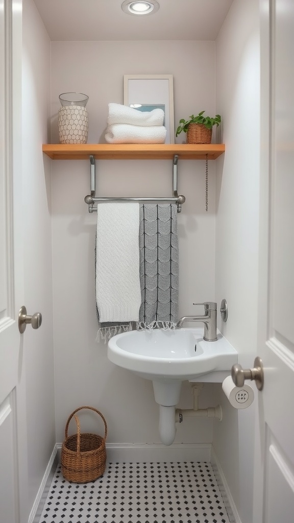A small modern bathroom featuring a wall-mounted sink, shelf with towels and a plant, and a woven basket.