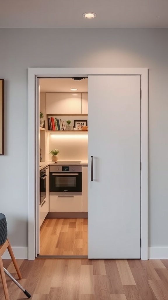 A modern sliding door leading into a compact kitchen, enhancing space efficiency