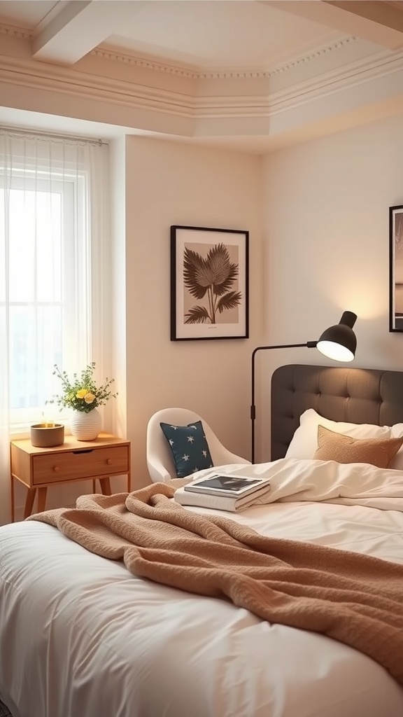 Cozy small rectangular bedroom with warm lighting, a bed, and decorative elements.