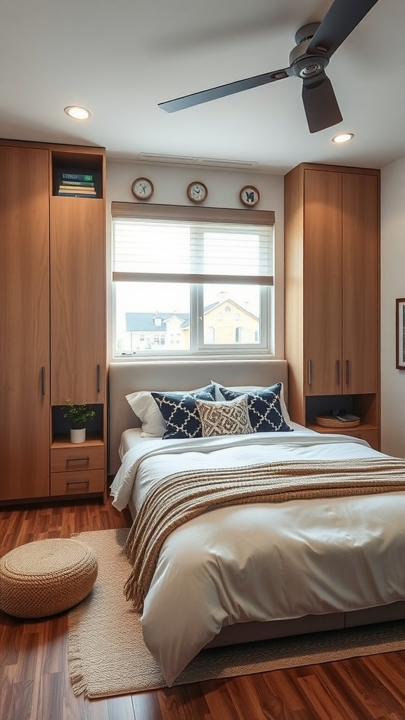 A cozy Scandinavian bedroom featuring smart storage solutions with wooden cabinets, a stylish bed, and decorative elements.