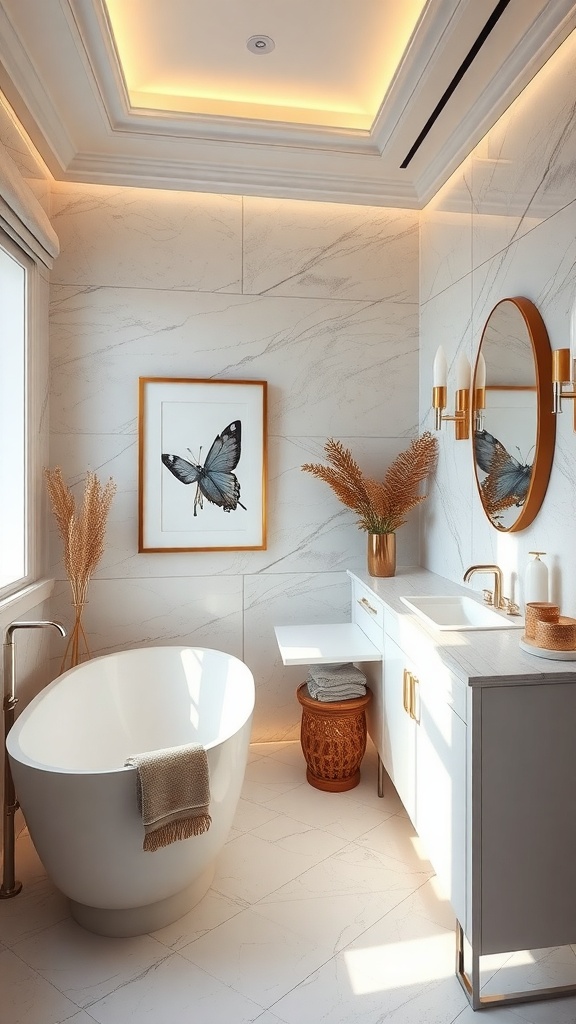 A stylish bathroom featuring a butterfly art print, a freestanding bathtub, and elegant decor.