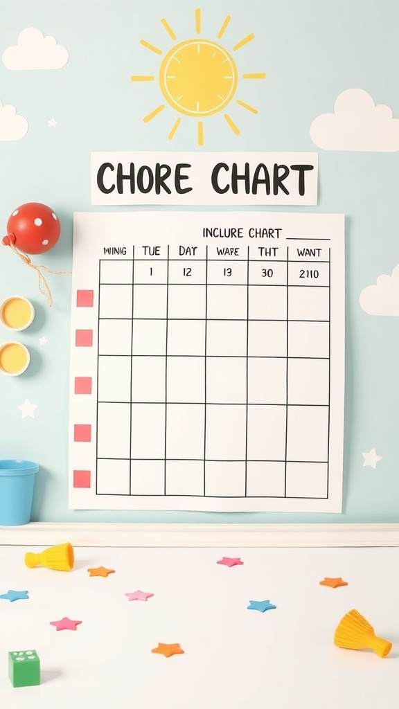 A colorful chore chart on a wall with playful decorations and a clean surface underneath.