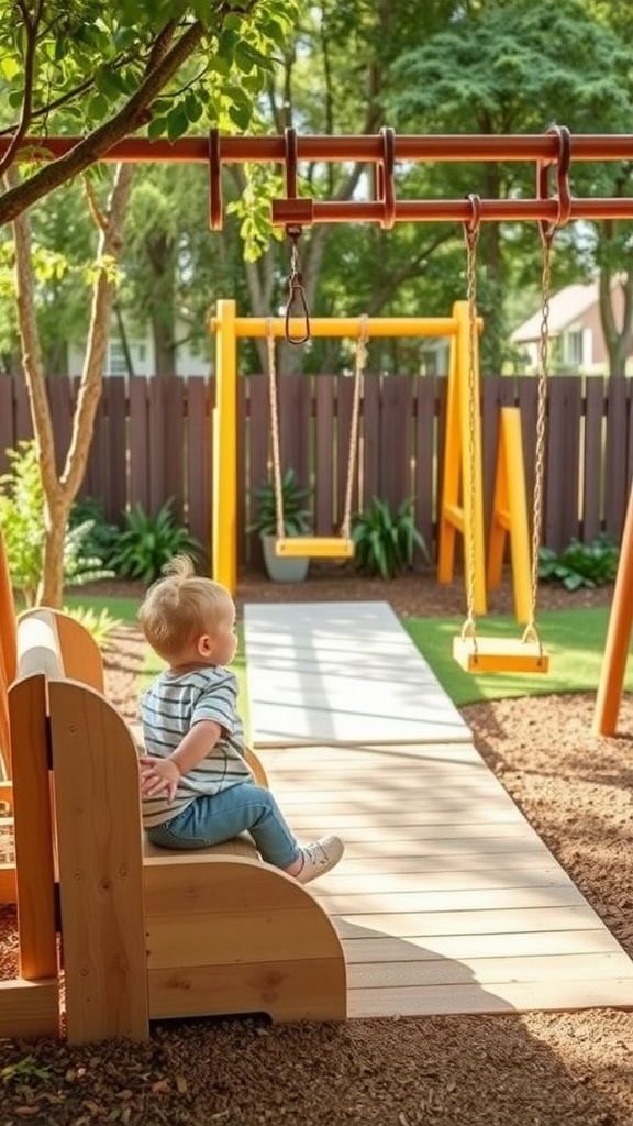 A toddler sitting on a wooden bench in an outdoor play area with swings and a path