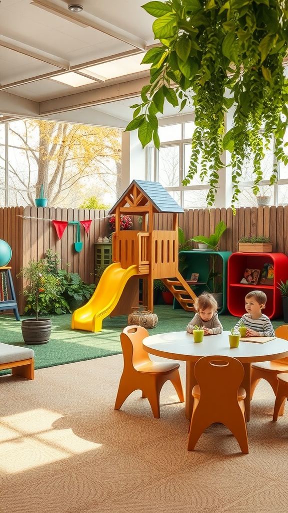 A vibrant indoor play area for kids featuring inclusive play equipment like a playhouse and slide, surrounded by greenery and colorful decor.