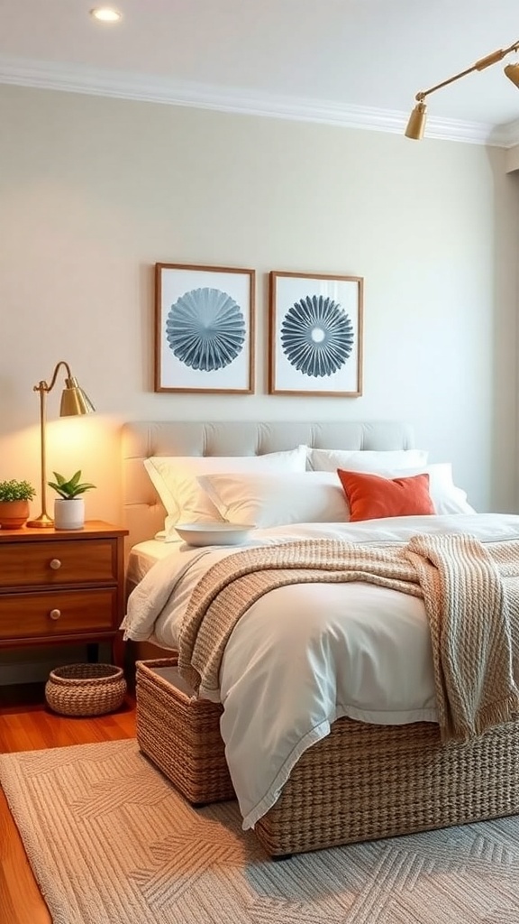A cozy bedroom featuring a bed with woven storage baskets underneath, a nightstand with a lamp and plant, and framed wall art.