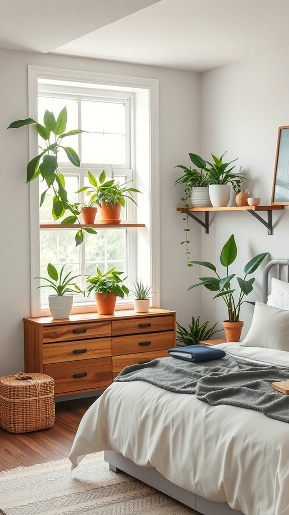 A bright bedroom featuring various indoor plants on a window sill and shelves, with a cozy bed and wooden furniture.