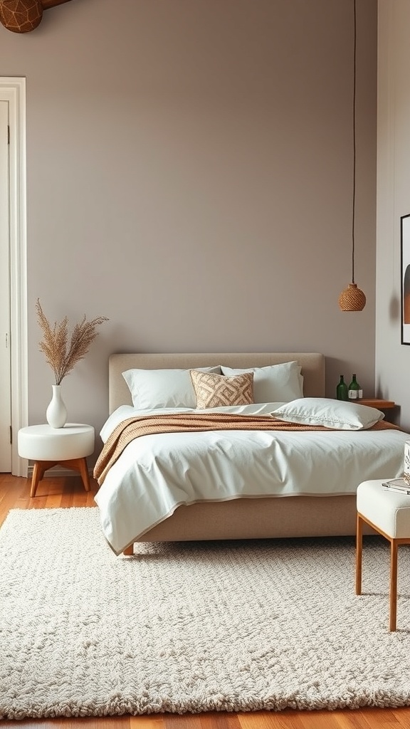 A cozy bedroom featuring a soft textured rug, light bedding, and wooden flooring.