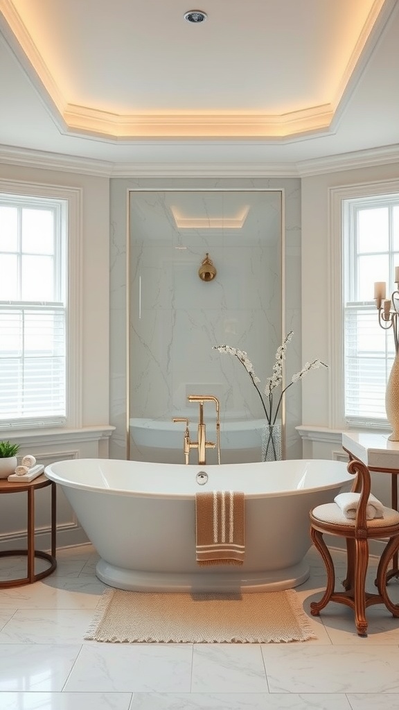 A beautifully designed Jack and Jill bathroom featuring a freestanding bathtub, natural light, and elegant decor.
