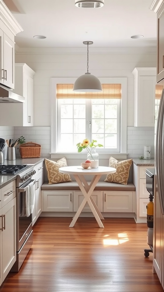 A cozy kitchen breakfast nook with a small round table, cushioned seating, and a sunny window.