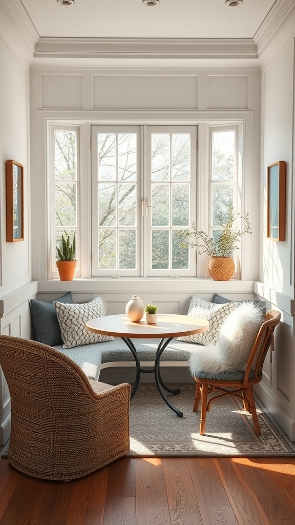 A cozy breakfast nook with a round table, cushioned seating, and natural light from large windows.