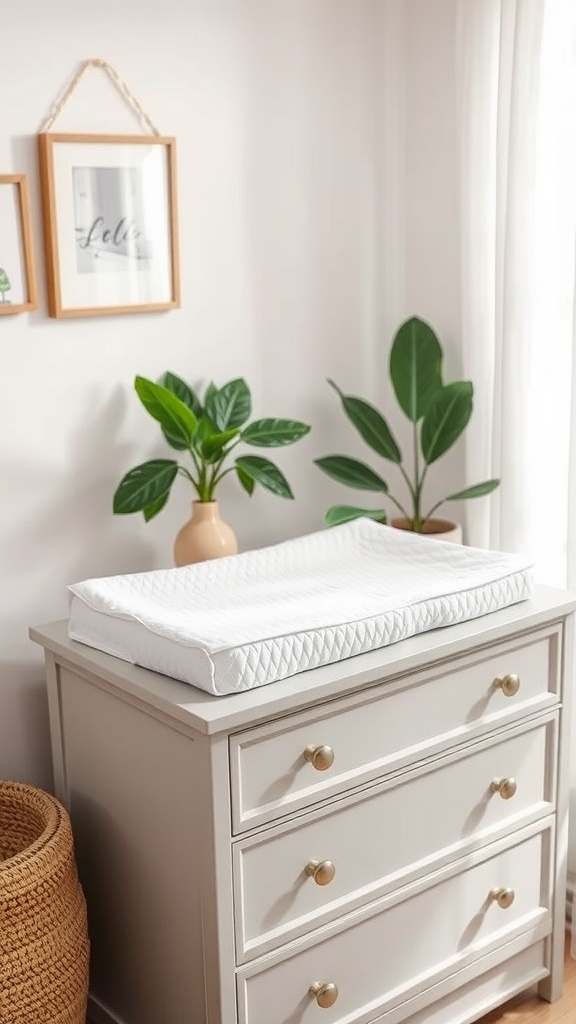 A nursery dresser with a white changing pad on top, surrounded by plants.