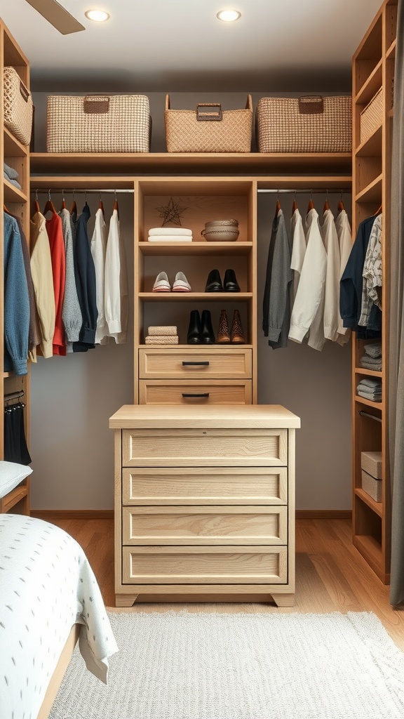 A well-organized closet with a central island featuring drawers, shelves, and hanging clothes.