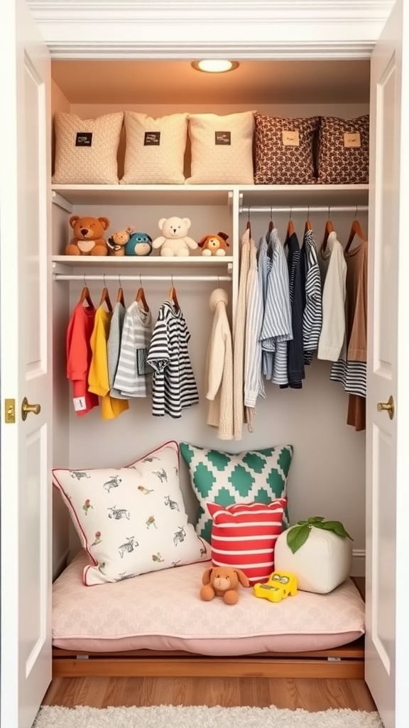 A well-organized toddler closet with clothing, toys, and a cozy play area.