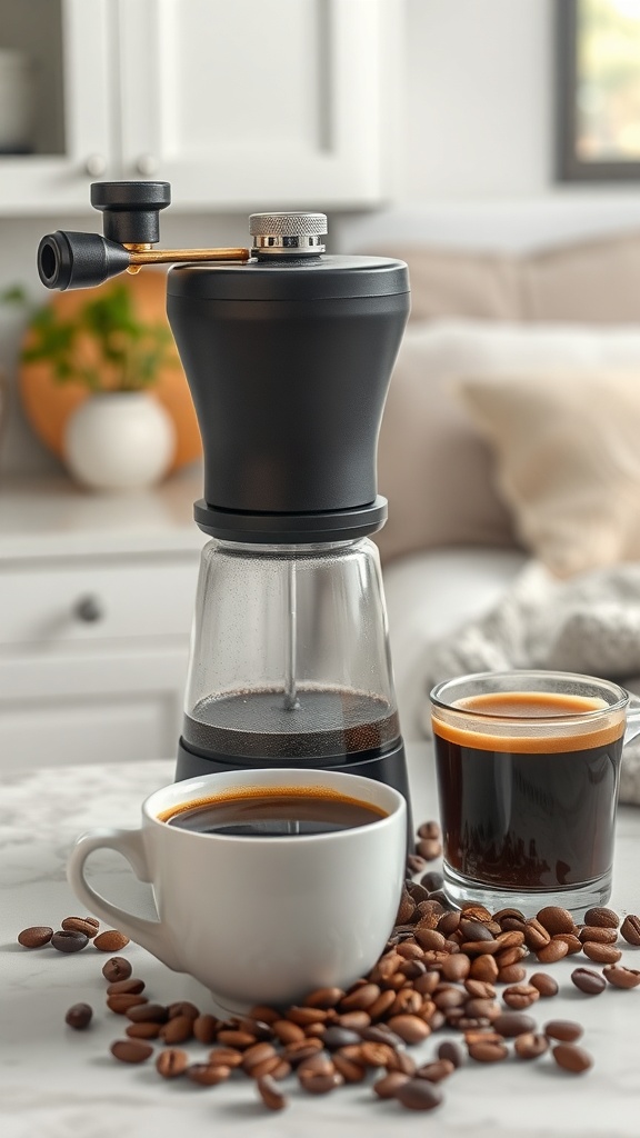 A coffee grinder with two cups of coffee and scattered coffee beans on a countertop.