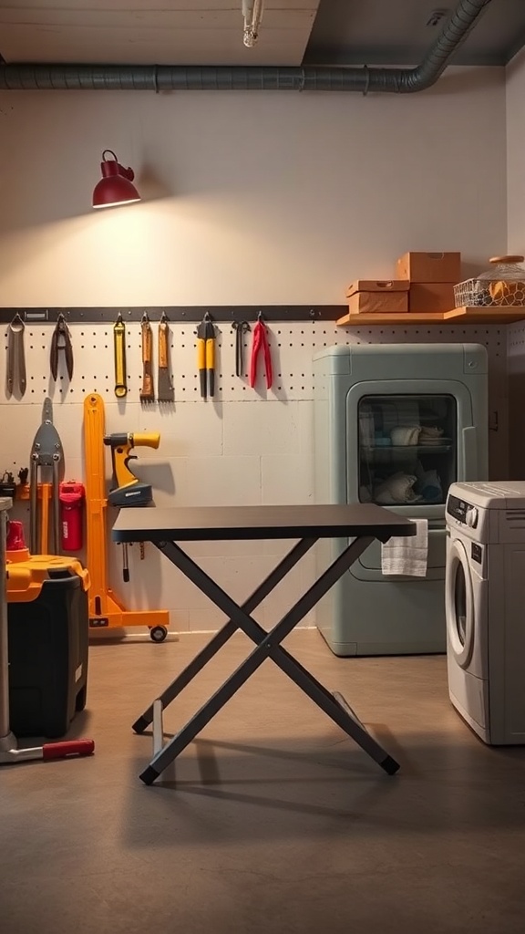 A compact folding table in a utility room with tools and appliances in the background.