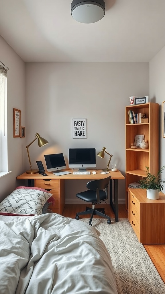 A small bedroom featuring a corner desk with two monitors, a comfortable chair, and a bookshelf.