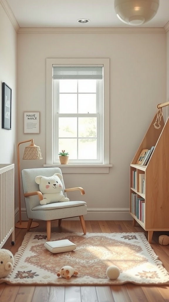 A cozy reading nook in a nursery with a gray chair, a whimsical pillow, a small bookshelf, and a warm rug.