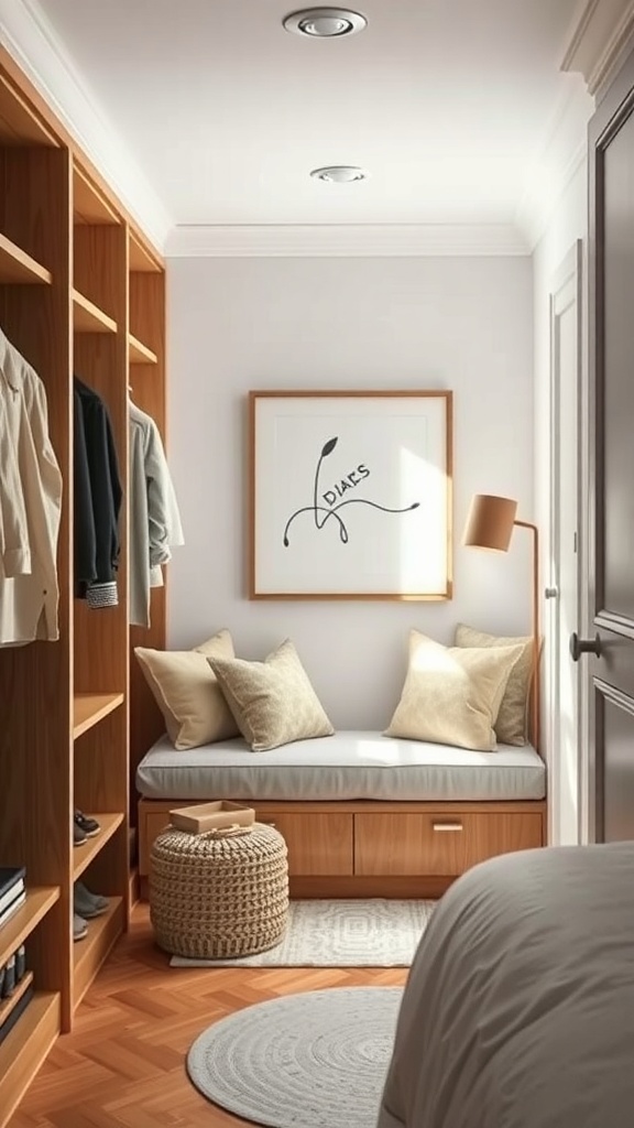 Cozy seating area in a walk-in wardrobe with cushions, a round rug, and wooden cabinetry.