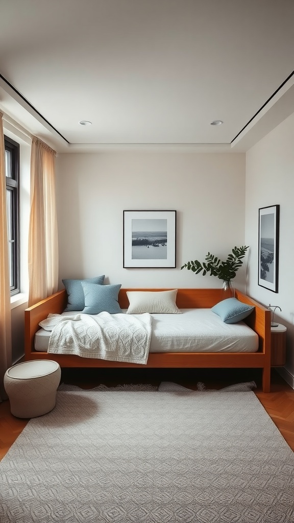 A cozy bedroom featuring a wood daybed with decorative pillows and a soft blanket, surrounded by natural light from a window.
