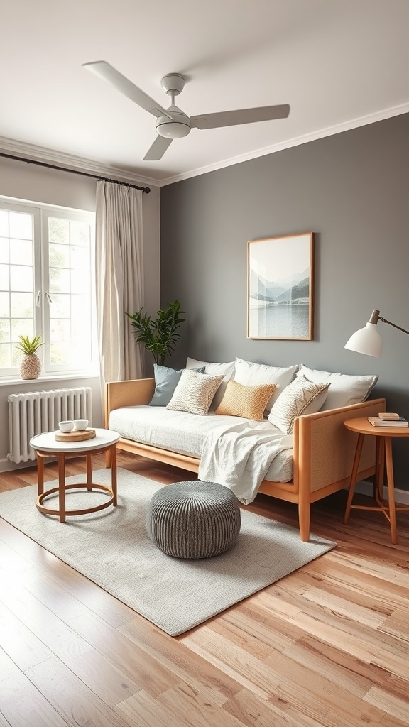 A stylish daybed in a cozy bedroom with light wood accents and a neutral color palette