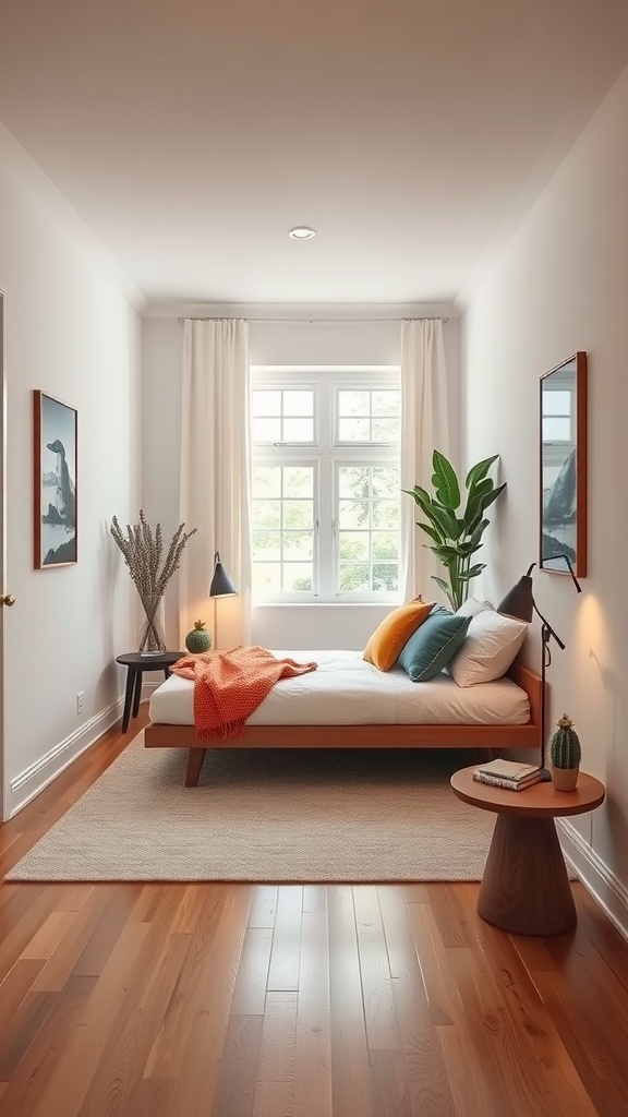 A cozy bedroom featuring a daybed with colorful pillows, a side table, and natural light from a window.
