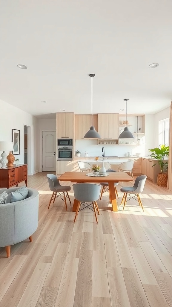 Open space living room with a dining area featuring a wooden table and chairs, surrounded by natural light and plants.