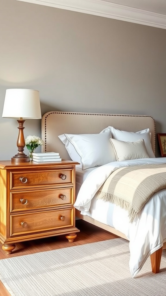 A cozy bedroom featuring a wooden dresser as a nightstand beside a bed.