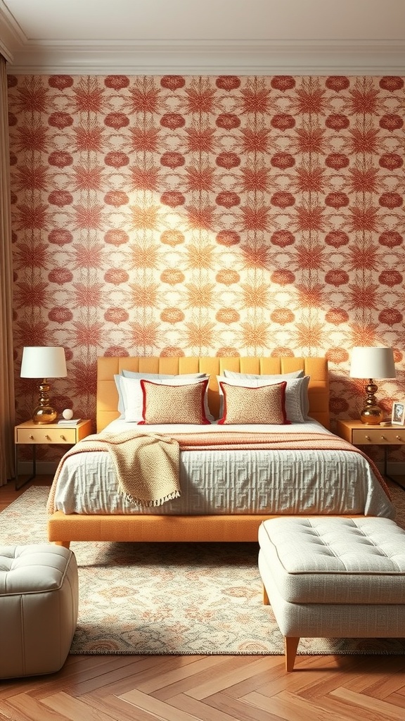 A cozy bedroom featuring a bold patterned wallpaper, an orange bed frame, and soft furnishings.