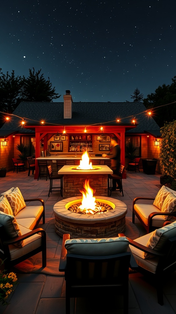 A cozy backyard setup with a fire pit surrounded by comfortable seating, string lights overhead, and a starry night sky.