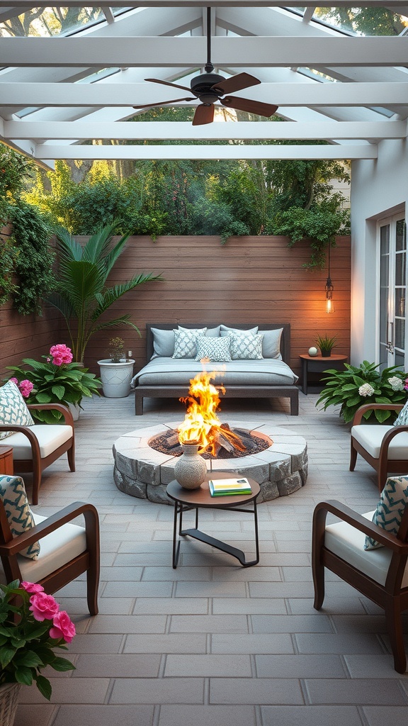 A cozy garden fire pit area with comfortable seating, lush greenery, and a covered space.