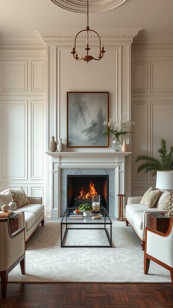 A formal living room featuring a stylish fireplace, elegant furniture, and tasteful decor.