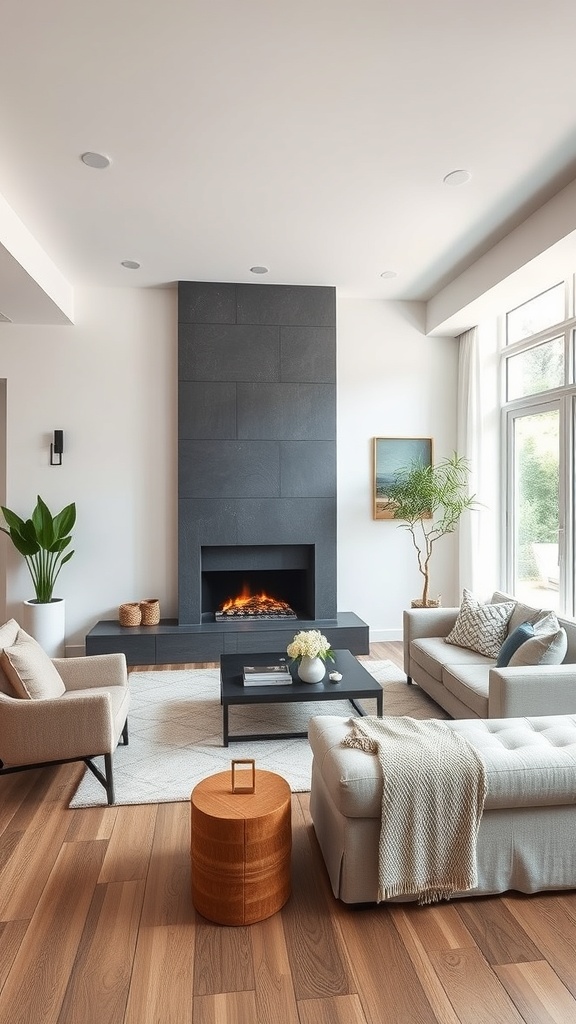 Modern open concept living room with a sleek fireplace as a focal point, featuring light furniture and wooden flooring.