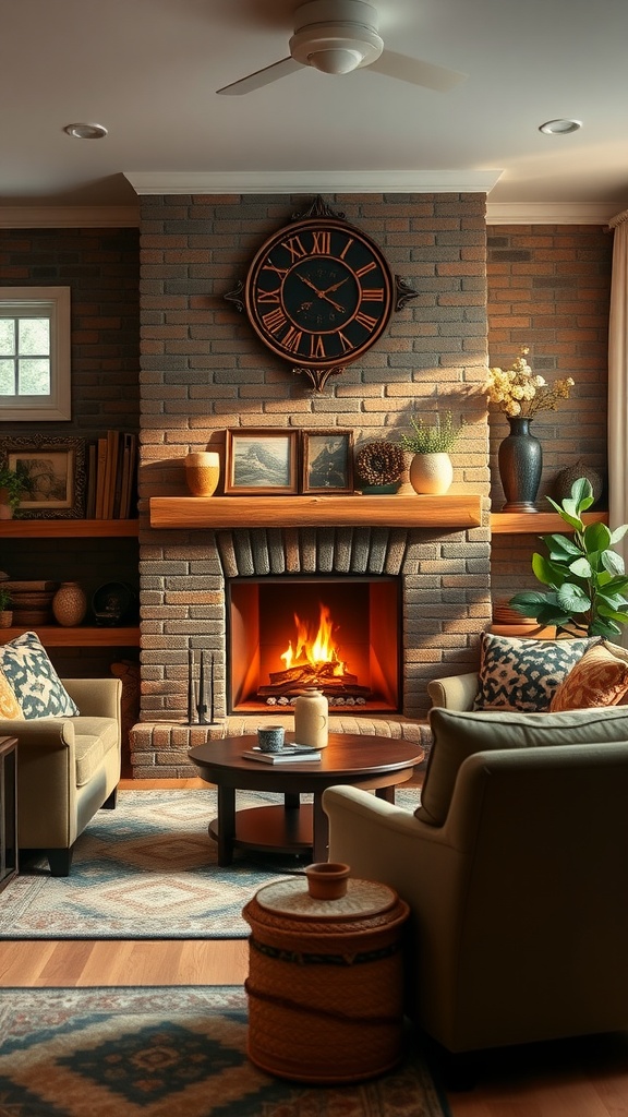 Cozy family room with a fireplace, comfortable seating, and decorative elements