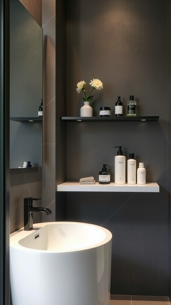 A modern bathroom featuring a floating shelf with skincare products and a vase on a dark wall.