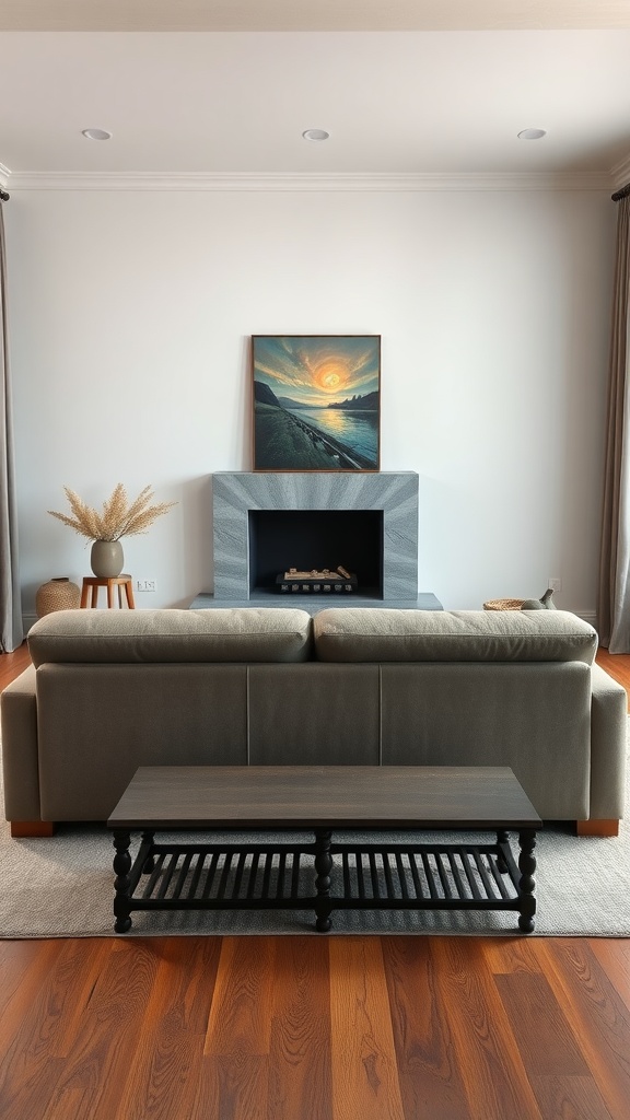 Cozy living room with a sofa facing a fireplace and a painting on the wall.