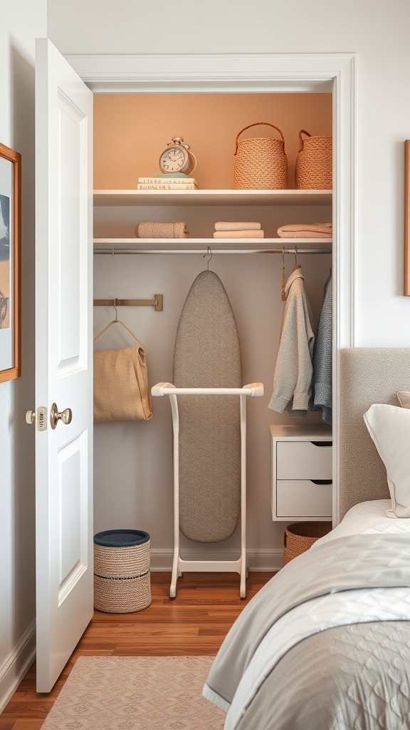 A small closet with a foldable ironing board, neatly organized shelves, and storage baskets.