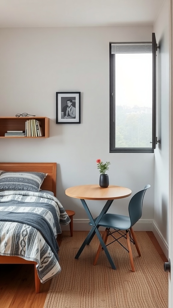 Cozy bedroom featuring a foldable table and chair next to a bed.