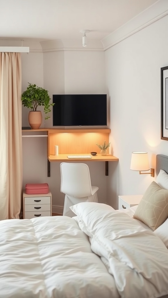 A cozy bedroom featuring a wall-mounted folding desk with a chair, a small plant, and a lamp.