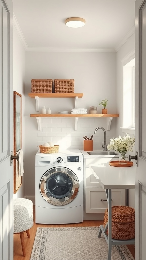 A small laundry room featuring a washing machine, a folding table, and open shelves with storage baskets.