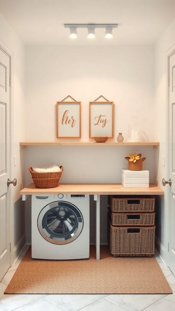 A small laundry room featuring a washing machine, a wooden folding station, and decorative items.
