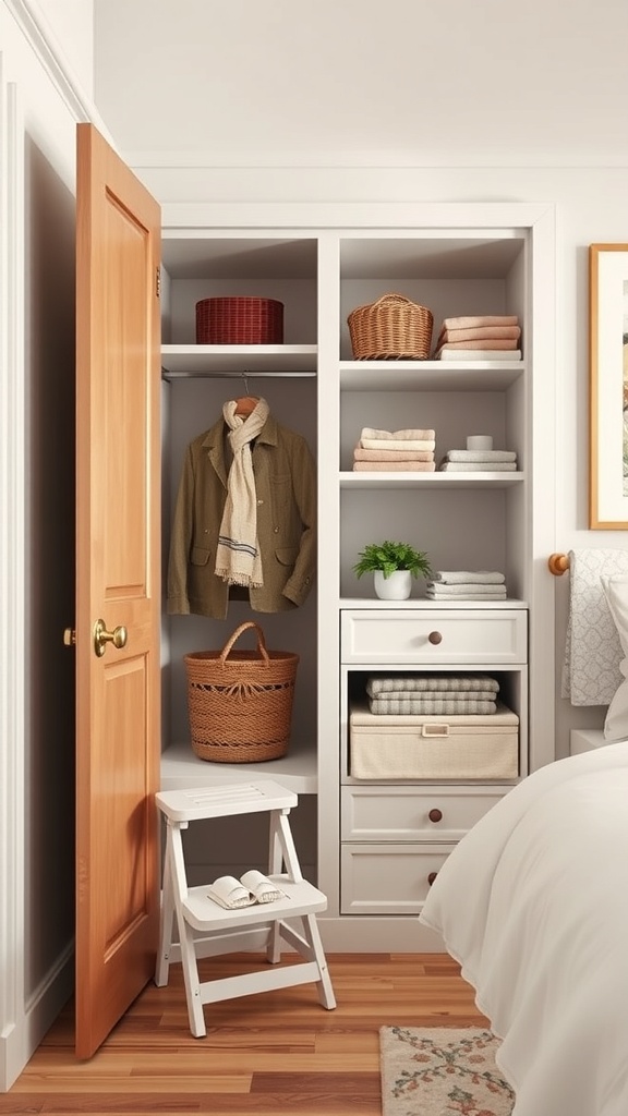 A bathroom closet featuring a folding step stool, neatly organized shelves with towels and baskets.