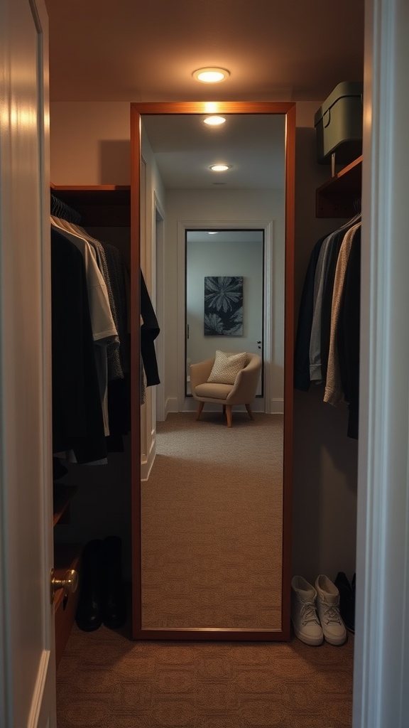 A full-length mirror in a cozy closet with clothing on hangers and a chair visible in the reflection.