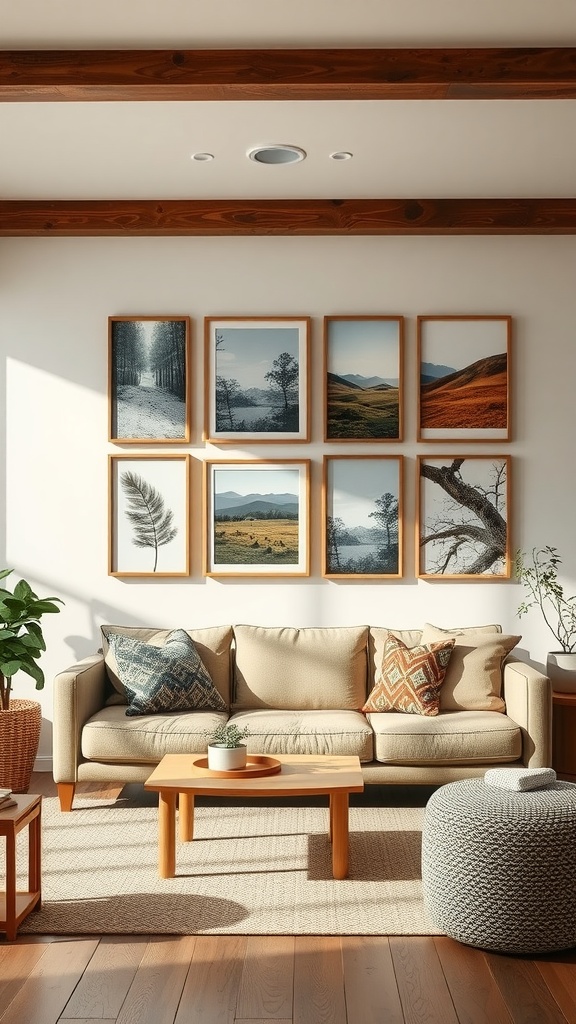 A cozy living room with a gallery wall of nature photography featuring landscapes and natural elements, complemented by a comfortable sofa and warm lighting.