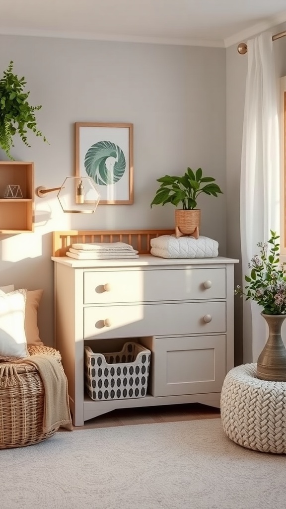A nursery dresser with a hamper, showcasing a tidy and organized space